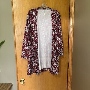 Tickled Teal Burgundy and White Floral Cardigan